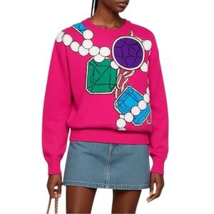 AUTH Boutique Moschino 100% Wool Gemstone Jewel Pop Art Long Sleeve Sweater Top